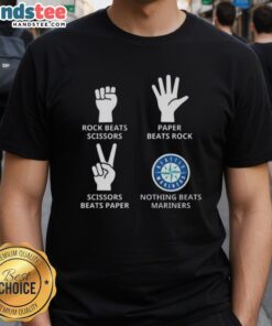 Seattle Mariners T-shirt featuring fun graphic: Rock beats scissors, scissors beat paper, paper beats rock design.