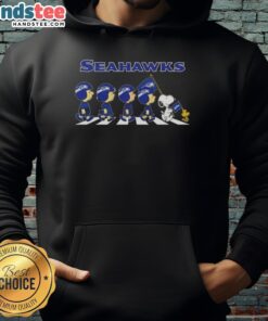 Alt Text: Good Seattle Seahawks X Peanuts Snoopy and Friends Abbey Road Hoodie featuring fun cartoon characters and team colors.