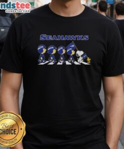 Good Seattle Seahawks X Peanuts Snoopy and Friends Abbey Road T-Shirt featuring iconic characters in a fun design.