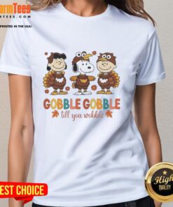 Thanksgiving ladies tee featuring Snoopy and friends in fun cosplay, perfect for gobble gobble celebrations.