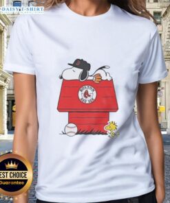 Good Snoopy and Woodstock in Boston Red Sox dugout, MLB baseball ladies tee featuring iconic cartoon characters.