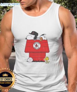 Good Snoopy and Woodstock in Boston Red Sox dugout on MLB baseball tank top, perfect for fans and summer wear.