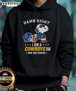 Snoopy in a hoodie with 'Damn Right I'm a Cowboys Fan' text, showcasing team spirit for Dallas Cowboys fans.