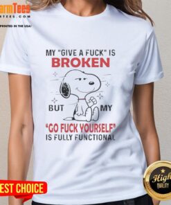 Alt Text: Good Snoopy ladies tee with 'My Give A F* Is Broken' and 'Waamy Go F* Yourself' graphic design.