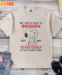 Good Snoopy graphic on a washed t-shirt with the phrase 'My Give A Fuck Is Broken, But Waamy Go Fuck Yourself'.