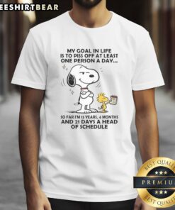 Good Snoopy t-shirt featuring the quote 'My Goal In Life Is To Piss Off At Least One Person A Day' in playful design.