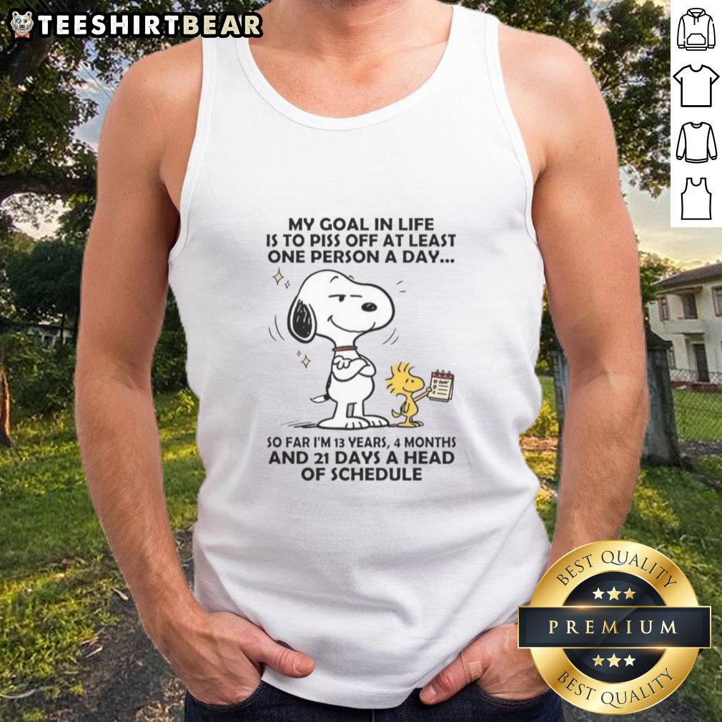 good-snoopy-my-goal-in-life-is-to-piss-off-at-least-one-person-a-day-tank-top Good Snoopy tank top with the quote 'My goal in life is to piss off at least one person a day' in playful font.