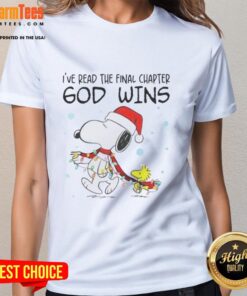 Alt Text: Good Snoopy X Woodstock 'I've Read The Final Chapter God Wins' Christmas Lights Ladies Tee for festive holiday spirit.