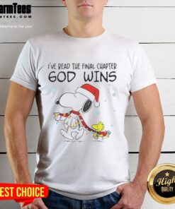 Alt Text: Good Snoopy x Woodstock Christmas Lights T-Shirt featuring 'I've Read The Final Chapter, God Wins' design.