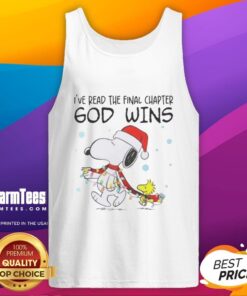 Good Snoopy x Woodstock tank top featuring 'I've Read The Final Chapter, God Wins' with festive Christmas lights design.