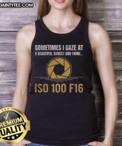 Model wearing 'Good Sometimes I Gaze At A Beautiful Sunset' tank top, showcasing sunset colors and stylish design.