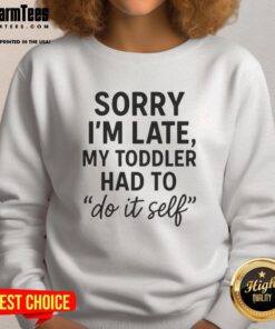Adorable toddler wearing 'Good Sorry I'm Late' DIY sweatshirt, perfect for playful kids' fashion and casual outings.