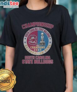Alt Text: Good South Carolina State Bulldogs 2025 Celebration Bowl Champions logo on a ladies tee with trophy design.