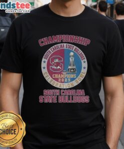Alt Text: South Carolina State Bulldogs 2025 Celebration Bowl Champions logo on a trophy t-shirt, showcasing team pride.
