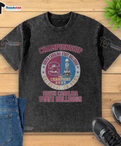 Alt Text: Good South Carolina State Bulldogs 2025 Celebration Bowl Champions logo on a washed t-shirt, showcasing team pride.