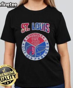 Stylish St. Louis City SC ladies tee featuring top Cardinals and Blues logos, perfect for fans of St. Louis sports.