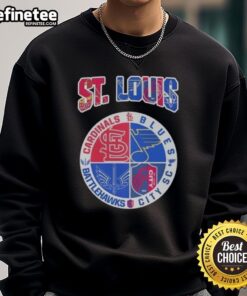 Stylish Good St. Louis sweatshirt featuring logos of St. Louis Cardinals, Blues, Battlehawks, and City SC.
