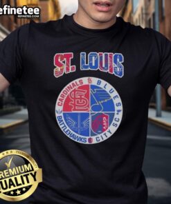 Stylish 'Good St Louis' T-Shirt featuring logos of St Louis Cardinals, Blues, Battlehawks, and City SC for sports fans.