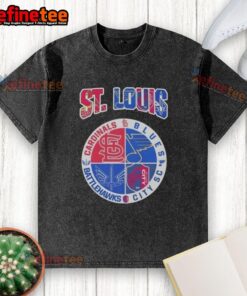 Good St. Louis washed t-shirt featuring St. Louis Cardinals, Blues, Battlehawks, and City SC logos for sports fans.