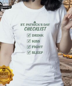 Good St. Patrick's Day checklist for ladies on a stylish tee, featuring festive green graphics and playful designs.