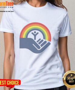 Alt Text: Good Step Brothers Brennan Huff wearing a United Way Rainbow Ladies Tee, showcasing a vibrant design and community spirit.