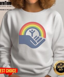 Brennan Huff from Good Step Brothers wearing a United Way rainbow sweatshirt, showcasing vibrant colors and a casual style.