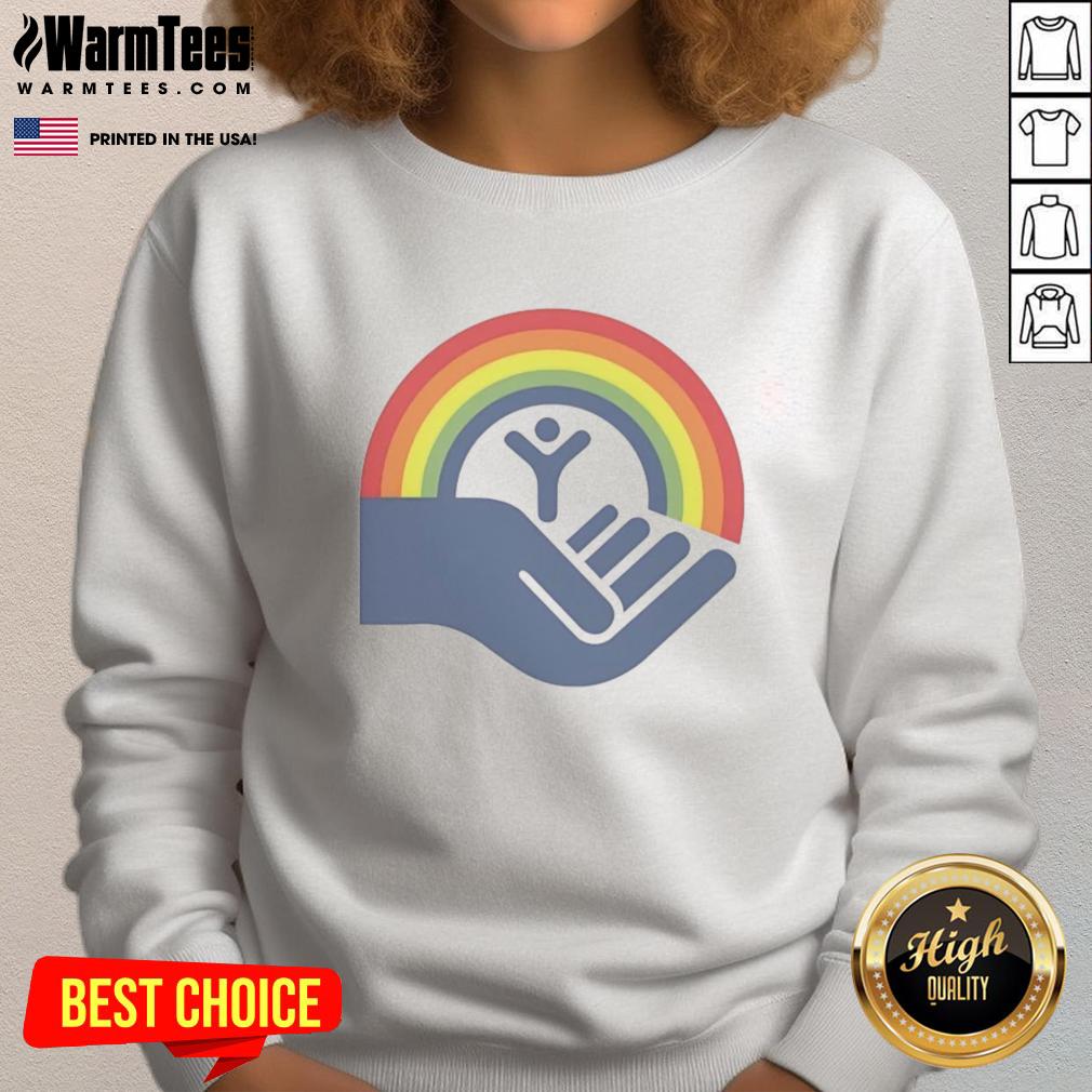 good-step-brothers-brennan-huff-united-way-rainbow-sweatshirt Brennan Huff from Good Step Brothers wearing a United Way rainbow sweatshirt, showcasing vibrant colors and a casual style.
