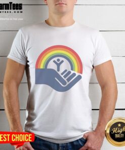 Good Step Brothers Brennan Huff wearing United Way rainbow T-shirt, showcasing vibrant colors and a fun design.