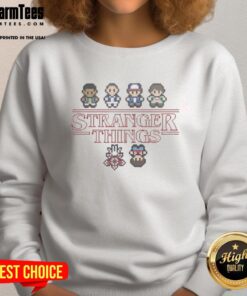 Good Stranger Things Upside Down characters pixel sweatshirt featuring iconic designs from the popular Netflix series.