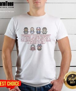 Good Stranger Things Upside Down characters pixel T-shirt featuring iconic figures from the show in vibrant pixel art design.