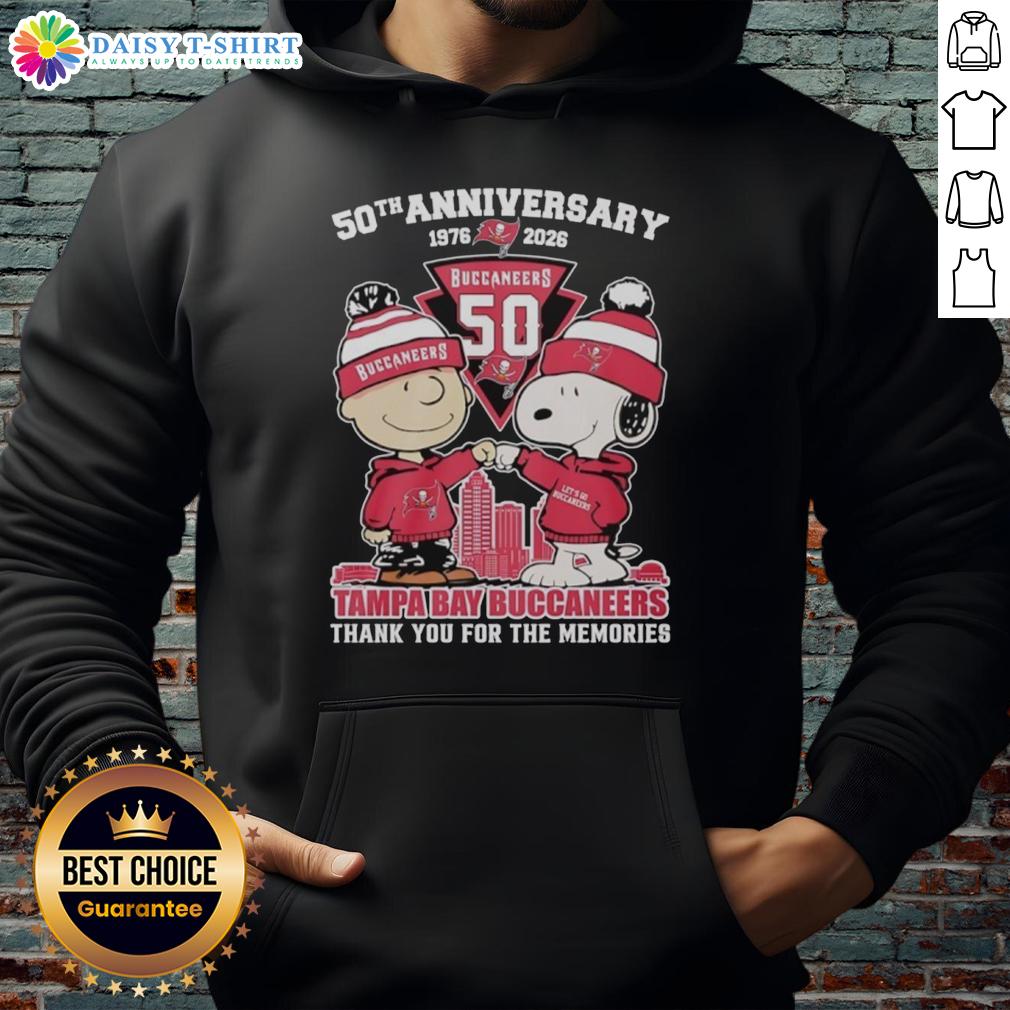 Good Tampa Bay Buccaneers Outfit With Snoopy And Charlie Brown 50th Anniversary 1976 2026 Hoodie Alt Text: Stylish Tampa Bay Buccaneers hoodie featuring Snoopy and Charlie Brown for the 50th Anniversary, 1976-2026.