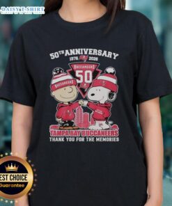 Good Tampa Bay Buccaneers outfit featuring Snoopy and Charlie Brown 50th Anniversary ladies' tee, 1976-2026.
