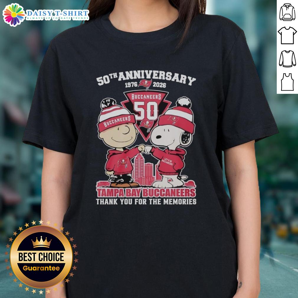 Good Tampa Bay Buccaneers Outfit With Snoopy And Charlie Brown 50th Anniversary 1976 2026 Ladies-Tee Good Tampa Bay Buccaneers outfit featuring Snoopy and Charlie Brown 50th Anniversary ladies' tee, 1976-2026.