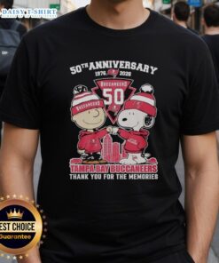 Stylish Tampa Bay Buccaneers outfit featuring Snoopy and Charlie Brown 50th Anniversary 1976-2026 T-shirt.