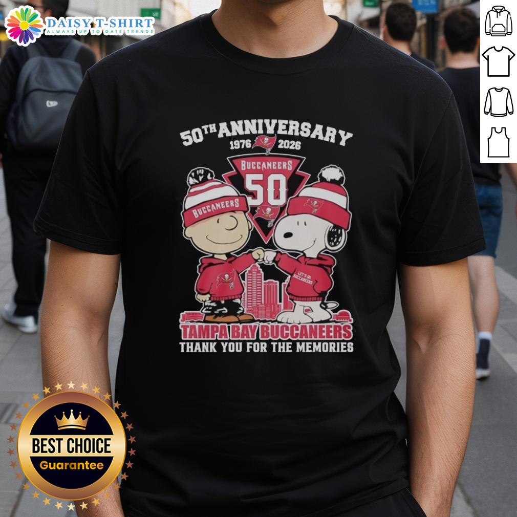 Good Tampa Bay Buccaneers Outfit With Snoopy And Charlie Brown 50th Anniversary 1976 2026 T-Shirt Stylish Tampa Bay Buccaneers outfit featuring Snoopy and Charlie Brown 50th Anniversary 1976-2026 T-shirt.