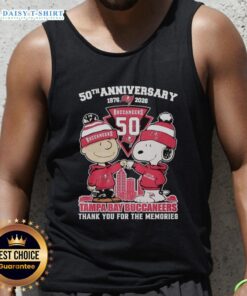 Good Tampa Bay Buccaneers outfit featuring a Snoopy and Charlie Brown 50th Anniversary tank top, celebrating 1976-2026.