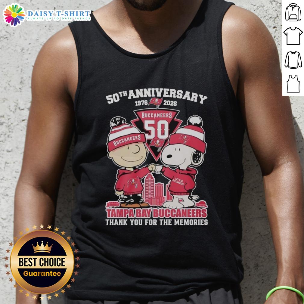 Good Tampa Bay Buccaneers Outfit With Snoopy And Charlie Brown 50th Anniversary 1976 2026 Tank Top Good Tampa Bay Buccaneers outfit featuring a Snoopy and Charlie Brown 50th Anniversary tank top, celebrating 1976-2026.