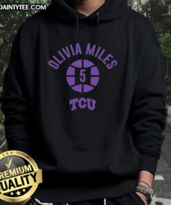 Olivia Miles wearing a TCU Horned Frogs hoodie, showcasing her name and number 5, holding a basketball.