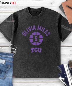 Olivia Miles wearing a TCU Horned Frogs basketball washed t-shirt with her name and number, holding a basketball.