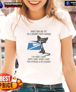 Grumpy USPS woman wearing a 'Good Tired Cat' tee, showcasing a humorous attitude and unique style for cat lovers.