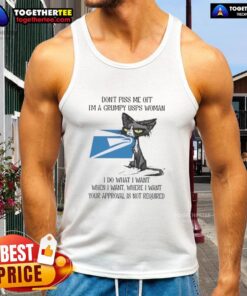 Grumpy USPS woman wearing a tank top with a tired cat, showcasing the phrase I do what I want when I want.