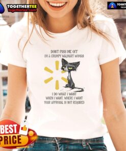 Grumpy woman in a Walmart tee with a tired cat, showcasing a humorous 'I do what I want' attitude. Perfect for cat lovers!
