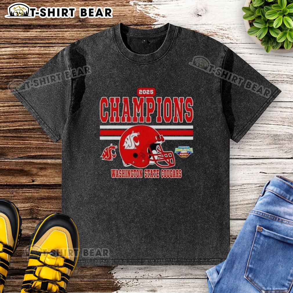 Good Washington State Cougars 2025 Potato Bowl Champions Helmet Washed T Shirt 2025 Potato Bowl Champions Washington State Cougars helmet graphic on a washed t-shirt for fans.