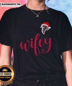 Alt Text: Good Wifey Atlanta Falcons Santa Hat Merry Christmas Ladies Tee featuring festive design and team spirit.