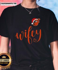 Good Wifey Baltimore Orioles Santa Hat Merry Christmas ladies tee featuring festive design and team logo for holiday cheer.