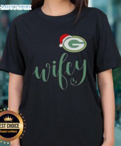 Good Wifey Green Bay Packers Santa Hat Merry Christmas Ladies Tee with festive design for holiday football fans.
