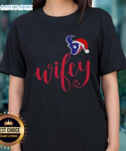 Good Wifey Houston Texans Santa Hat Merry Christmas Ladies Tee featuring festive design and team spirit for holiday cheer.