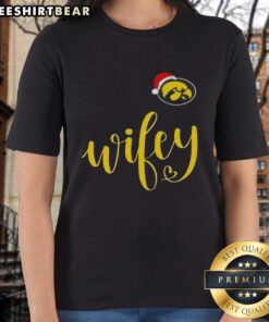 Good Wifey Iowa Hawkeyes Santa Hat Merry Christmas Ladies Tee featuring festive design for holiday cheer.