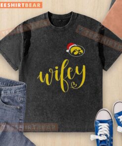 Alt Text: Good Wifey Iowa Hawkeyes Merry Christmas washed t-shirt with Santa hat design for festive fans.