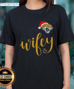 Good Wifey Jacksonville Jaguars Santa Hat Merry Christmas Ladies Tee, perfect holiday shirt for football fans.